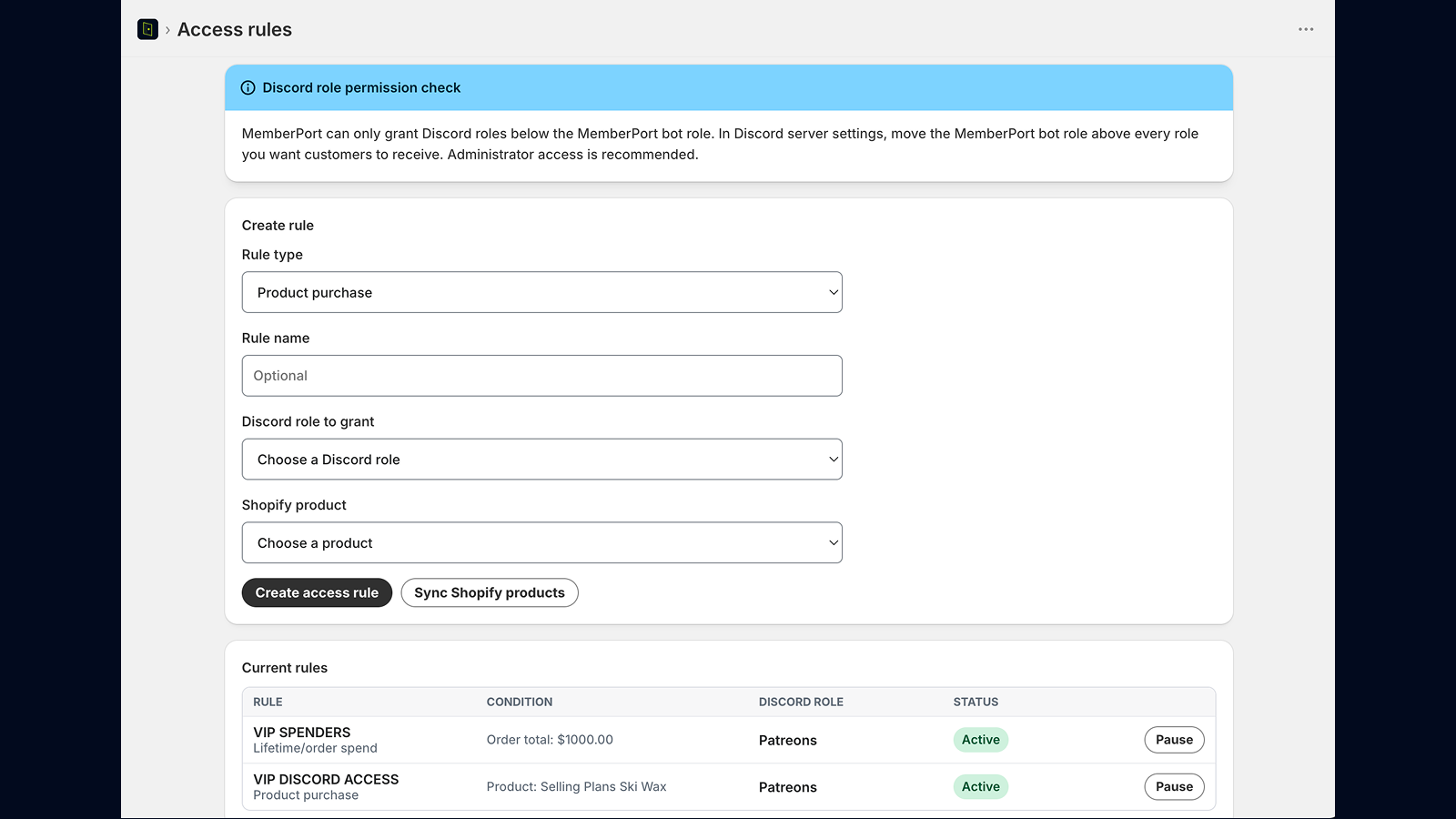 MemberPort dashboard showing Shopify-to-Discord access rules mapping purchases, tags, and spend thresholds to Discord roles.