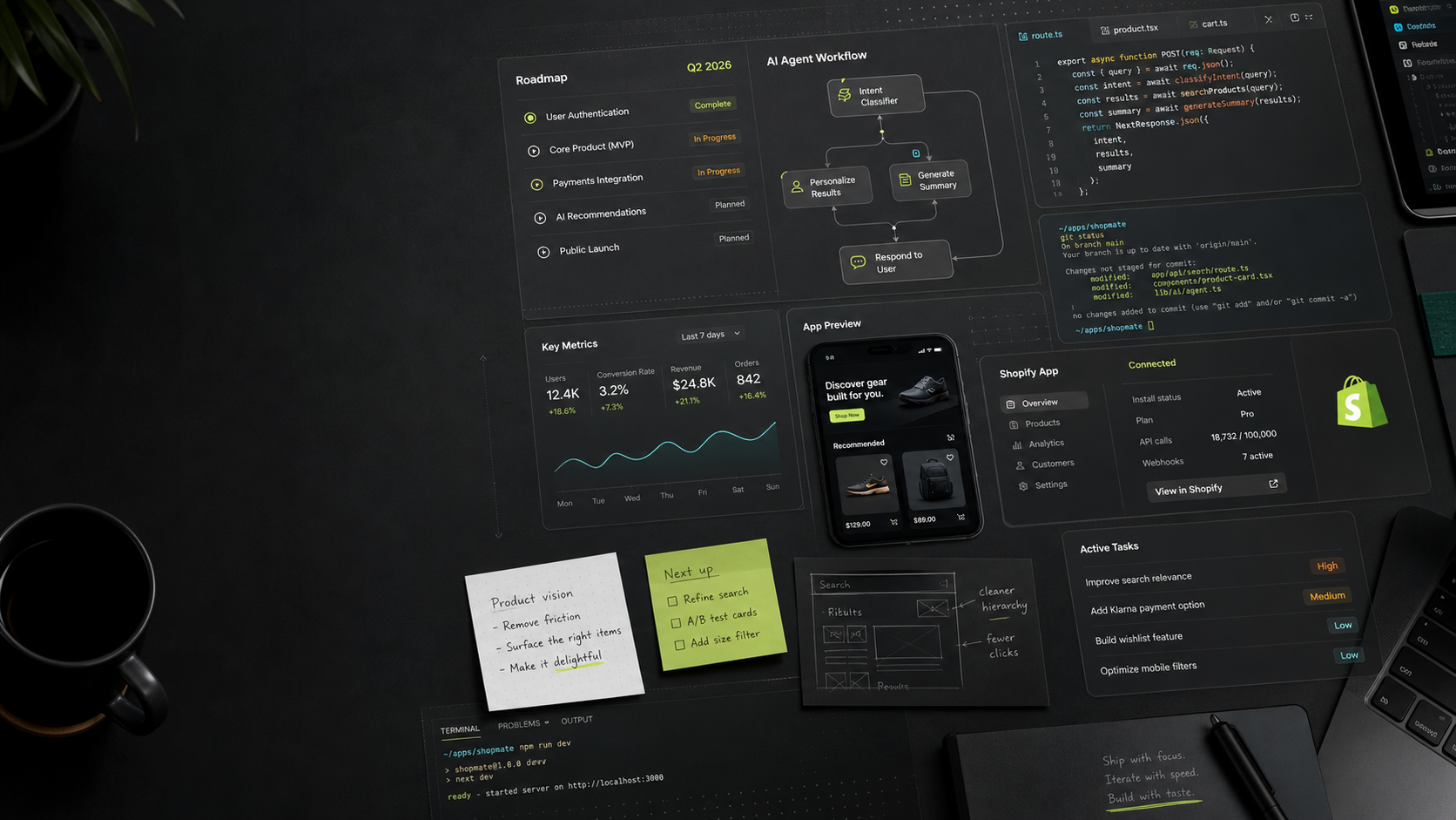 Cinematic product builder workspace with code panes, AI workflow nodes, product roadmap cards, and interface fragments.